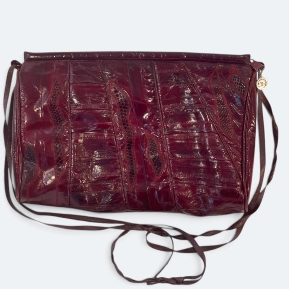 Vintage Burgundy Eelskin Crossbody Bag Shoulder Purse Leather Patchwork 90s Boho